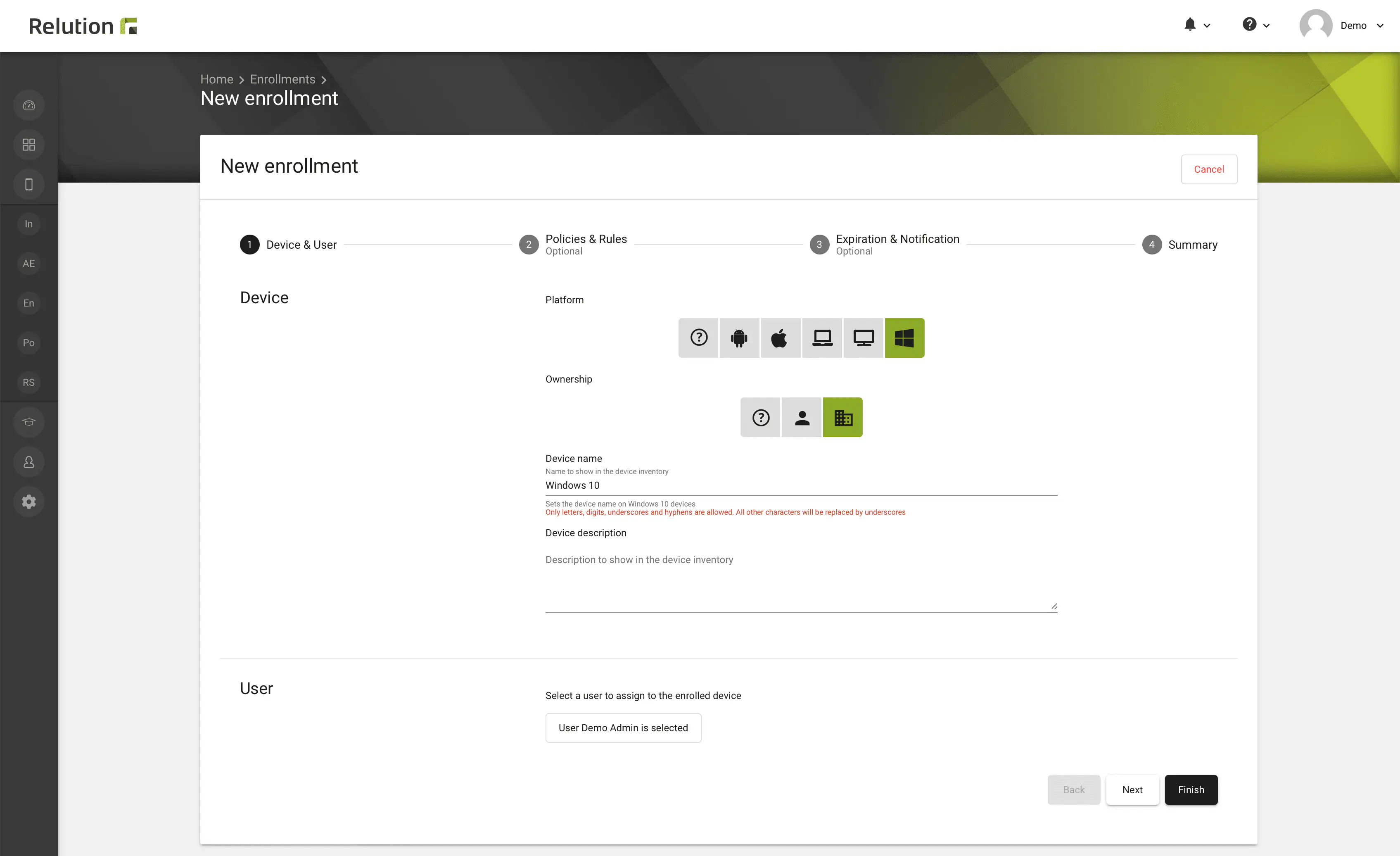 Relution portal new enrollment creation form for Windows device manual enrollment