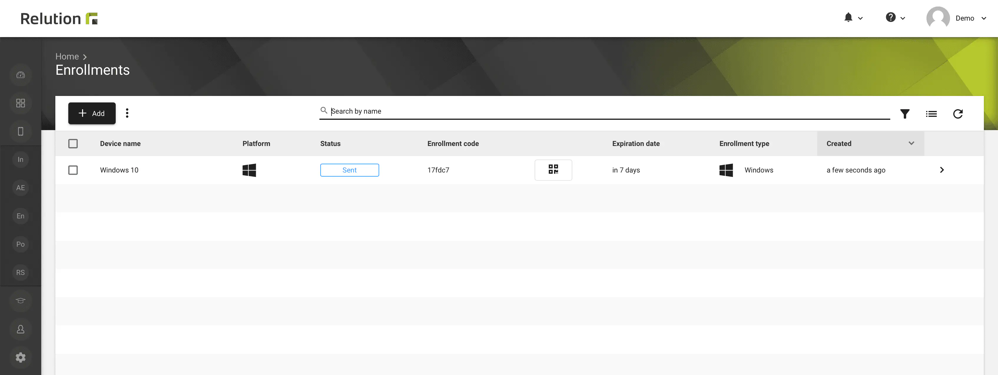 Relution Enrollments list showing Windows 10/11 enrollment in Sent status