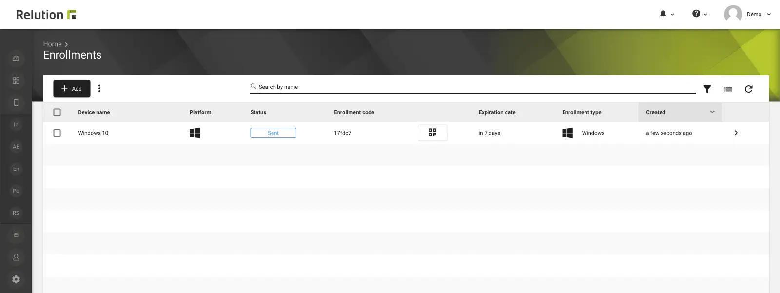 Inscription Windows listée avec le statut Envoyé dans Relution