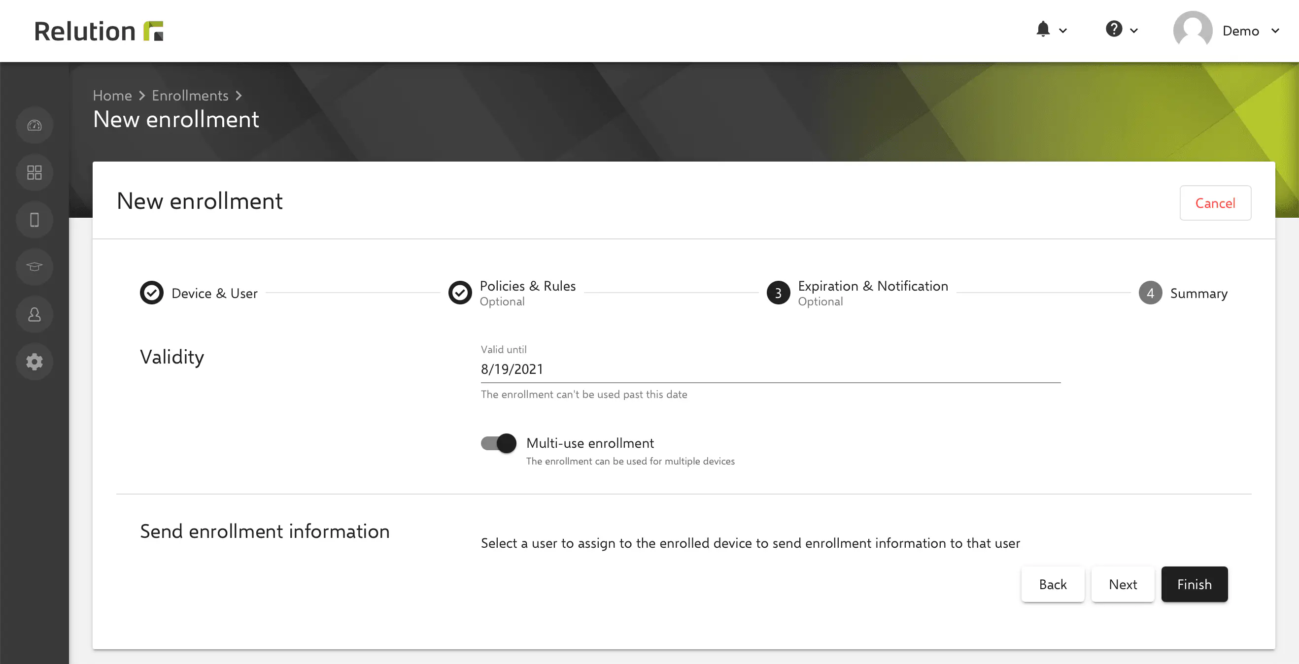Relution bulk enrollment option shown in Windows enrollment details for mass device registration