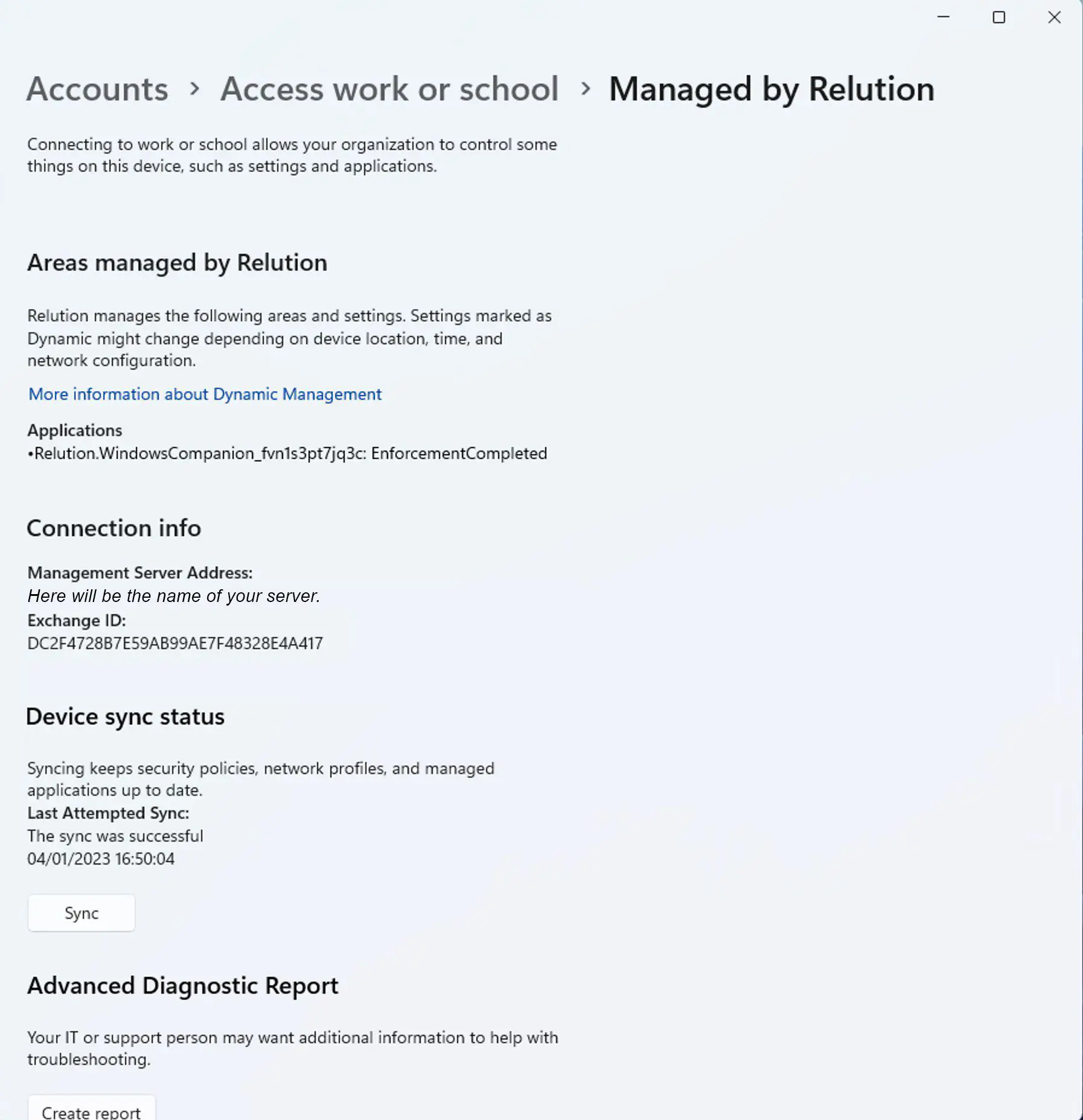 Windows Settings Info section showing Relution Companion successfully installed and connected