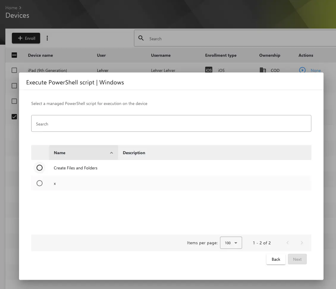 Relution PowerShell script action showing Select button to upload .ps1 script file