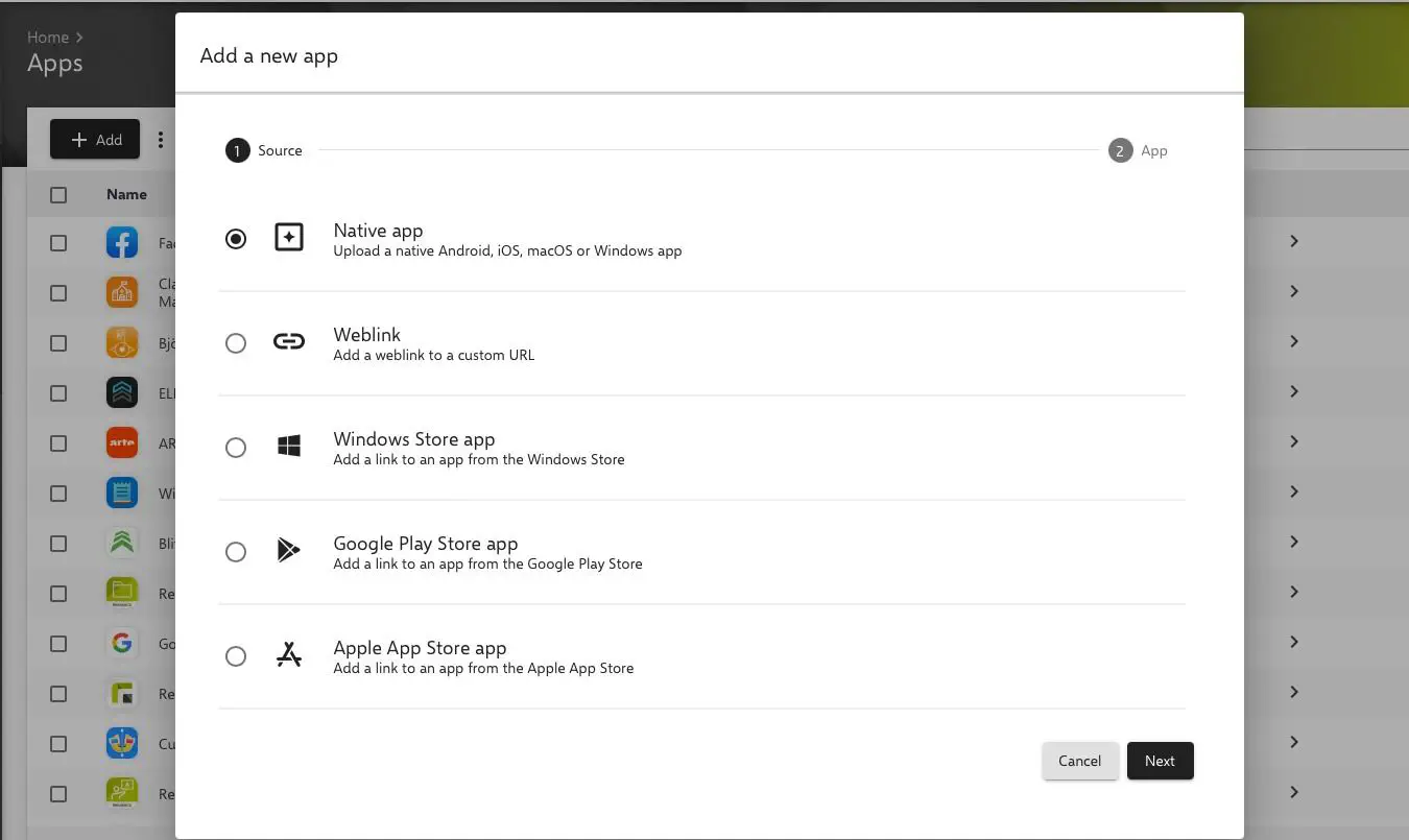 Relution App Store add button with Native App option selected for Windows classic app upload