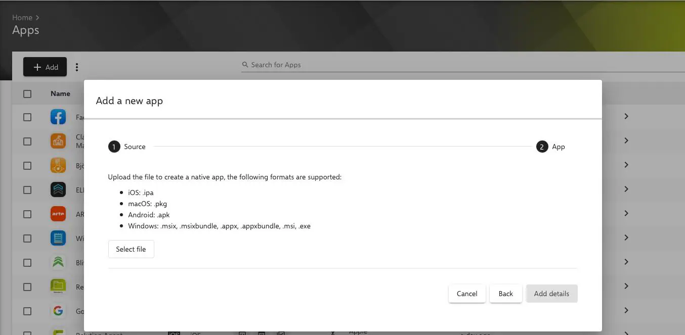 Relution app upload dialog showing Select File button for .msi or .exe file upload