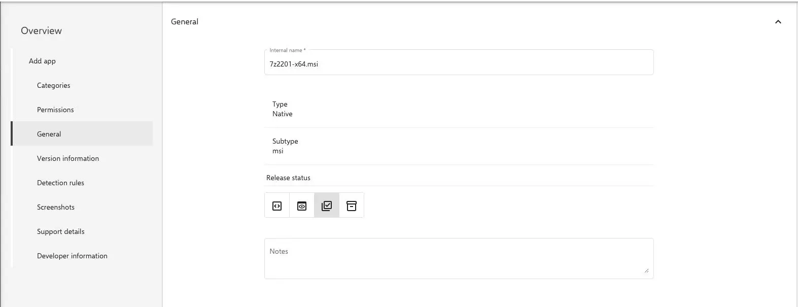 Relution Windows app details page showing version name and detection rules required fields