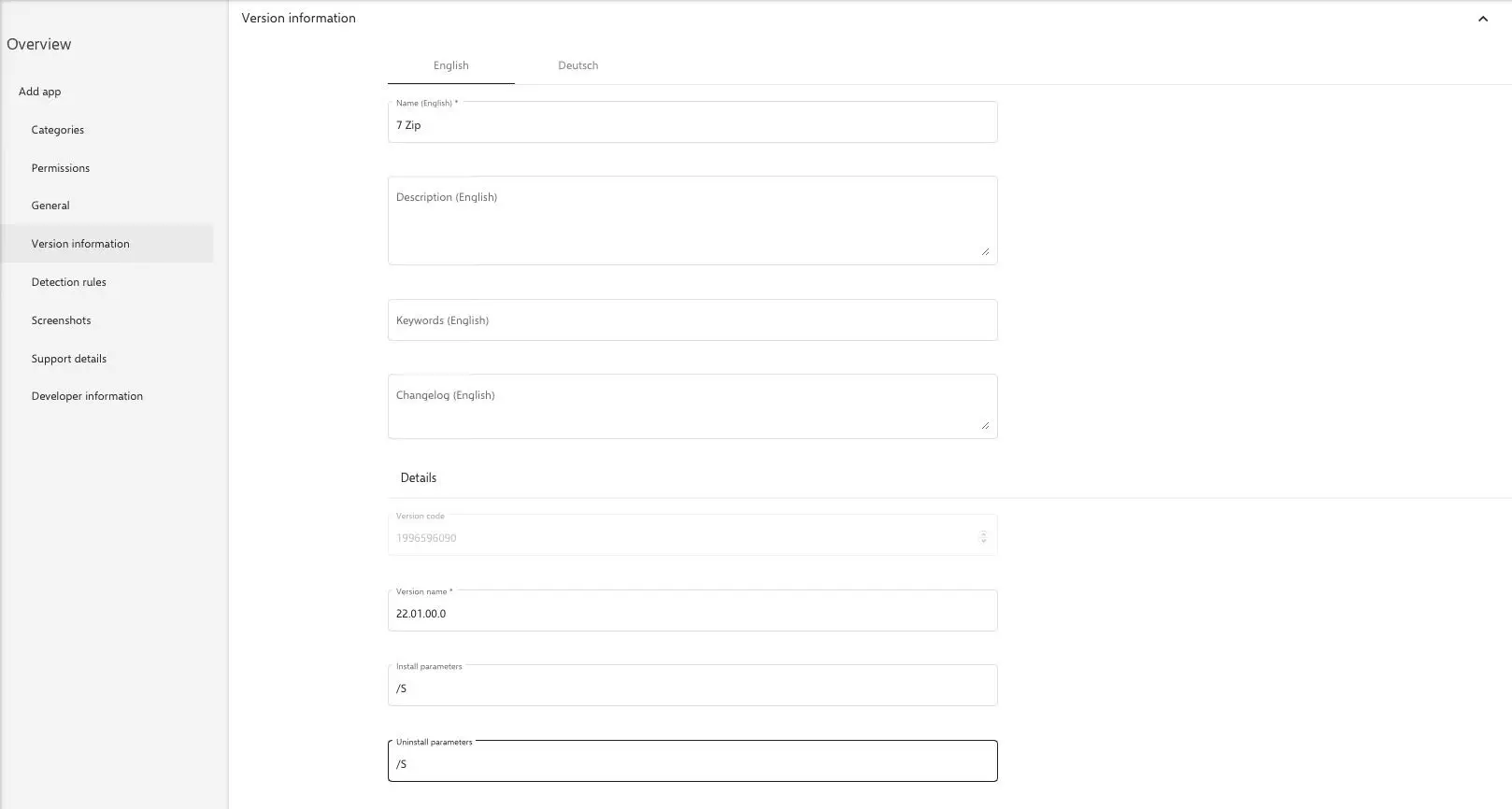 Relution Windows app version information section showing silent install and uninstall parameter fields