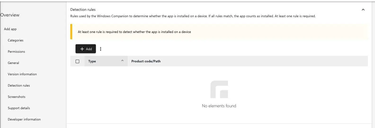 Relution Windows app detection rules section showing add rule button for app identification