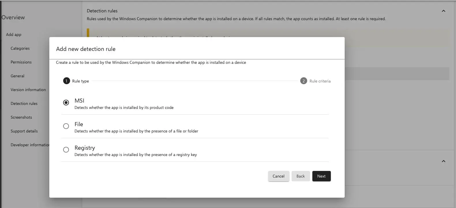 Relution Windows app detection rule type selector showing MSI, File and Registry options
