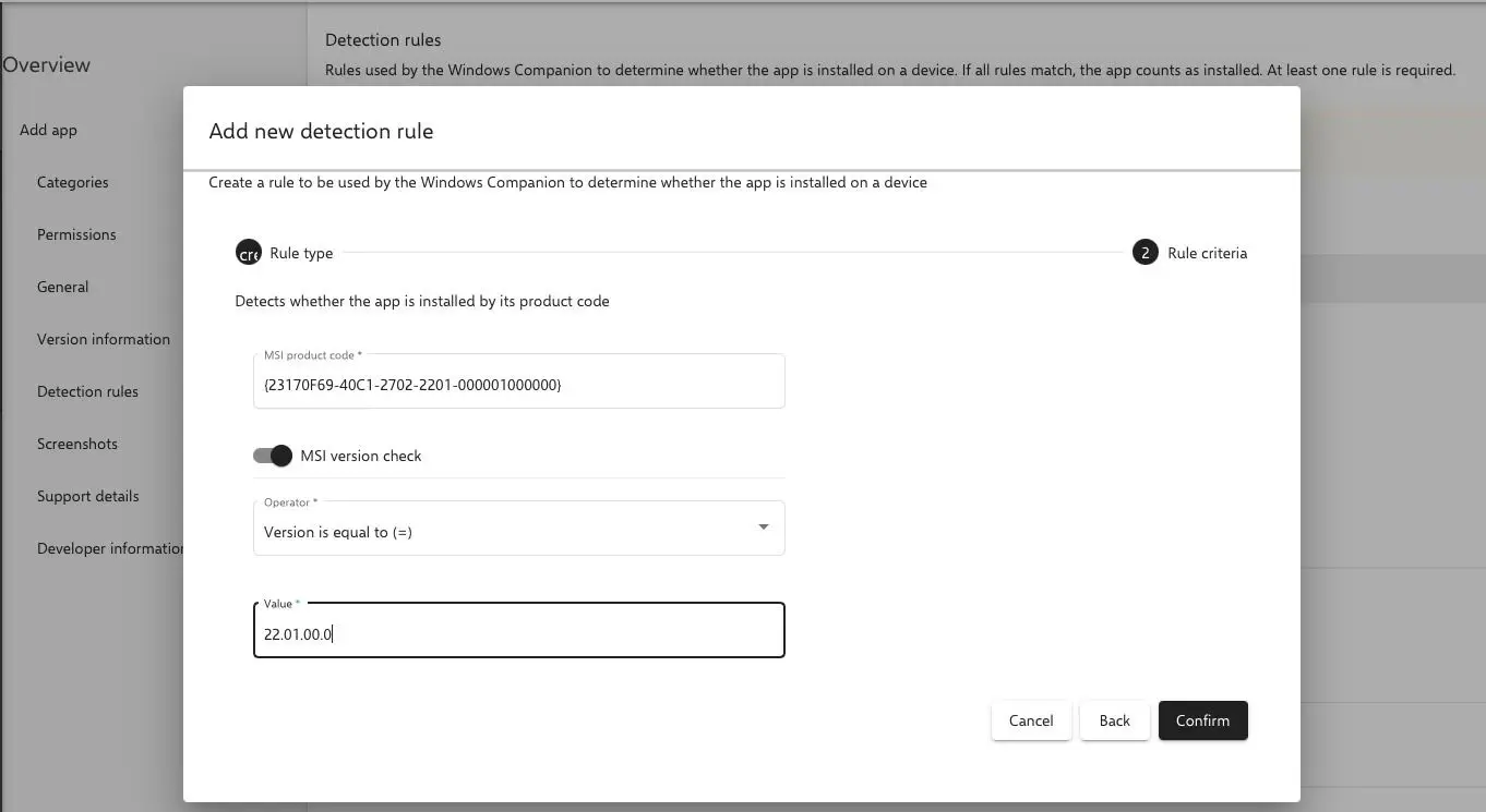 Relution Windows MSI detection rule form showing product code and version check fields