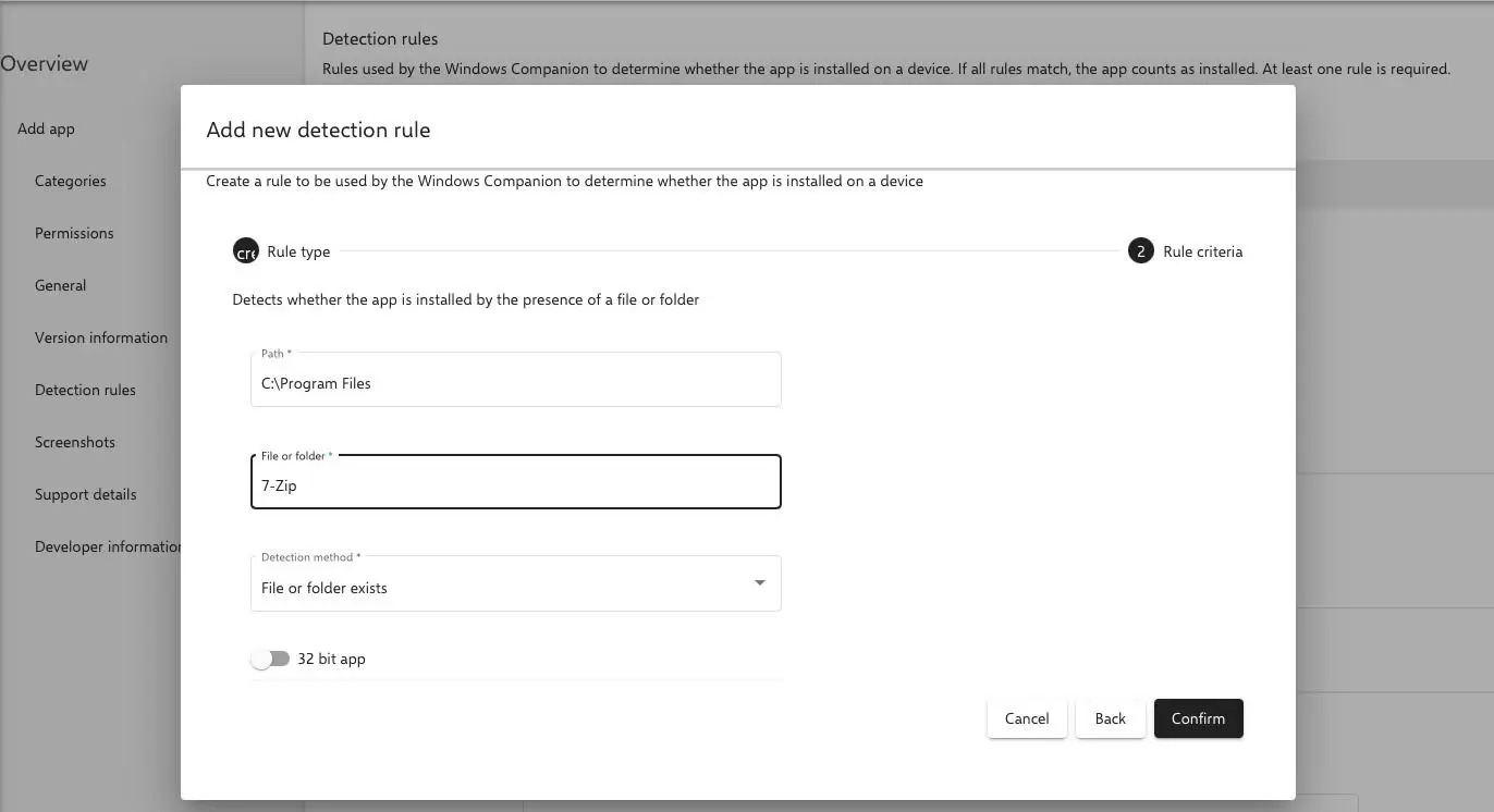 Relution Windows file detection rule form showing installation path and architecture selection