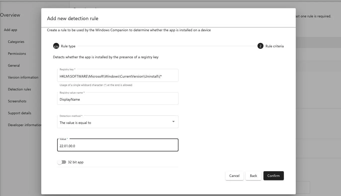 Relution Windows Registry detection rule form with registry key, value and detection method fields