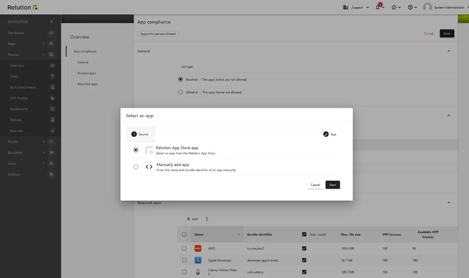 Selecting required public apps with VPP licenses