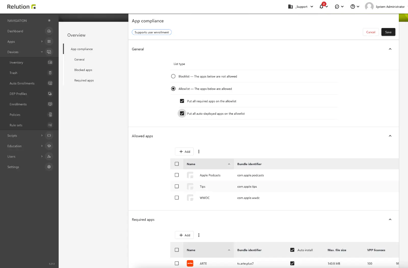 Selecting required native apps from the Relution app store