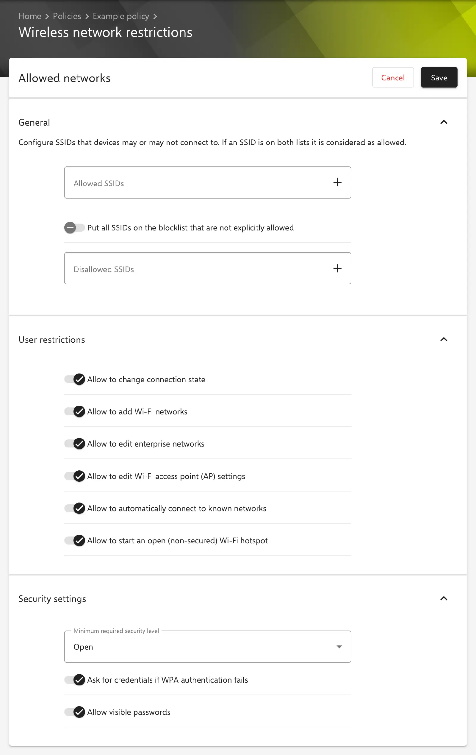 Wireless network restrictions form in the Relution portal