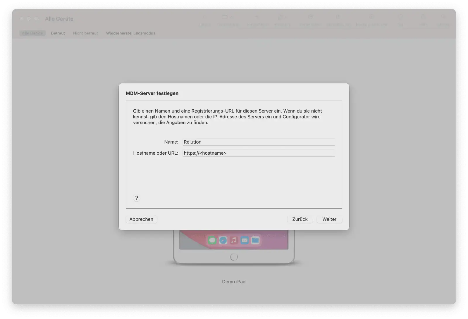 Apple Configurator 2 server configuration screen with Relution URL entry