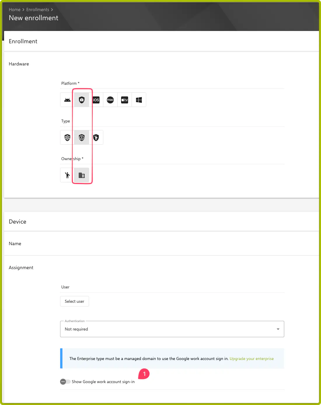 Google Work-Account-Setup option in the Relution enrollment