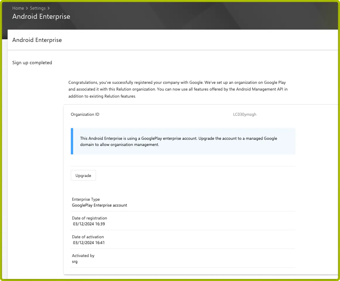 Upgrade enterprise dialog in the Relution enrollment