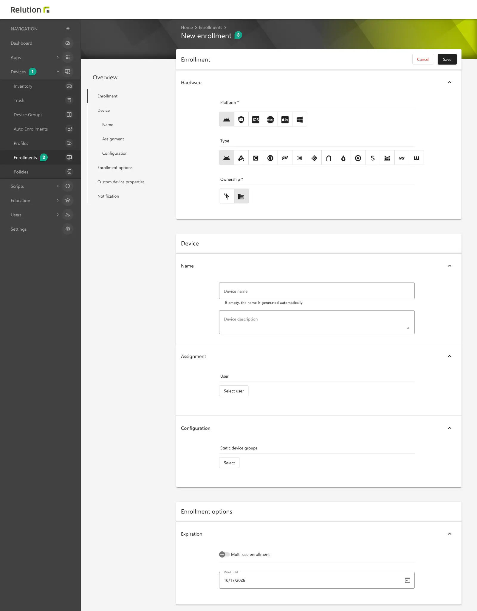 Formulaire de création d’une inscription manuelle Android dans Relution