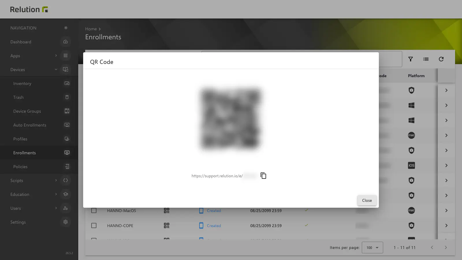 Code QR d’inscription Android affiché dans le portail Relution