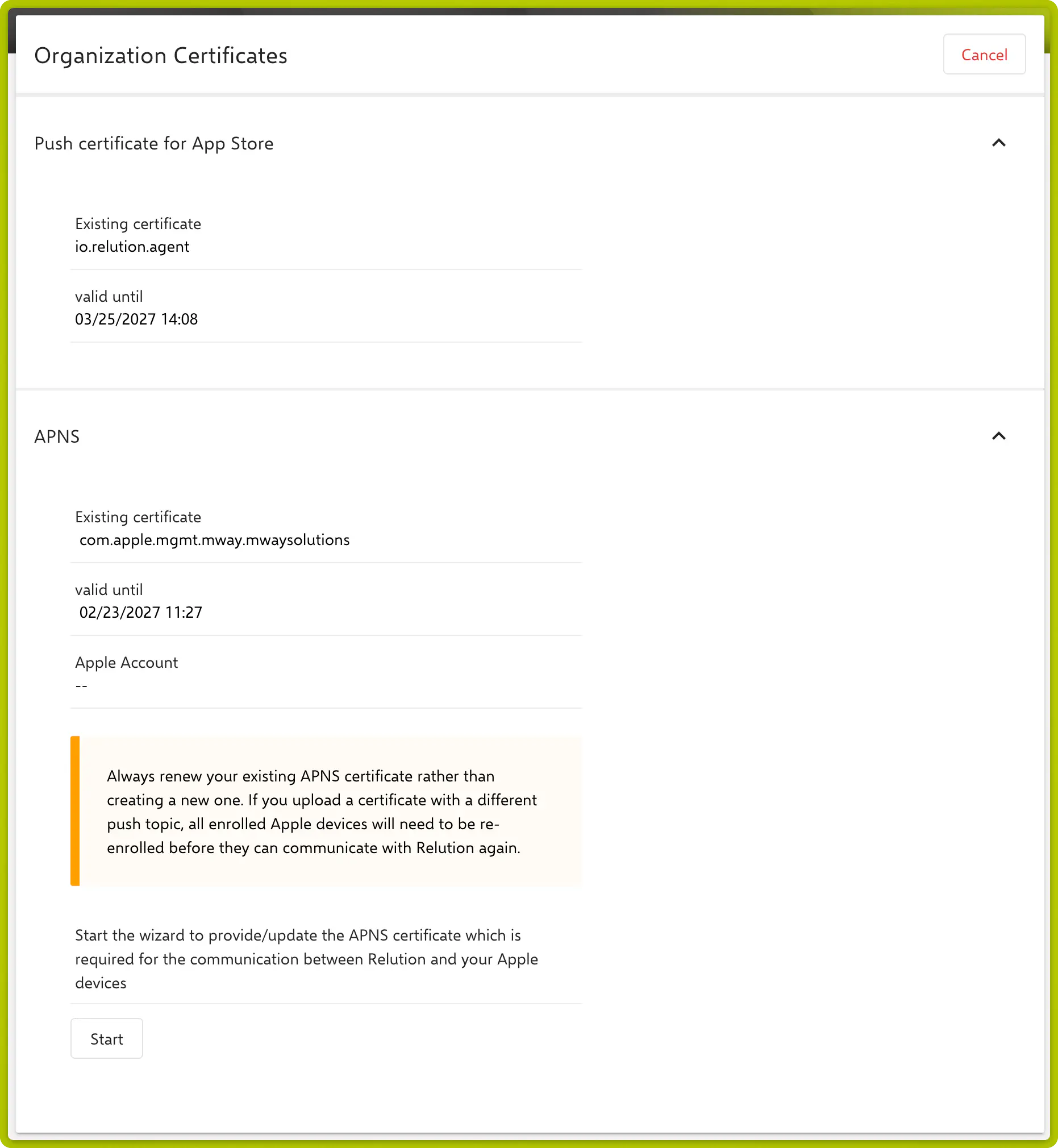 Organization Certificates page showing APNS push topic, expiration date and Start button