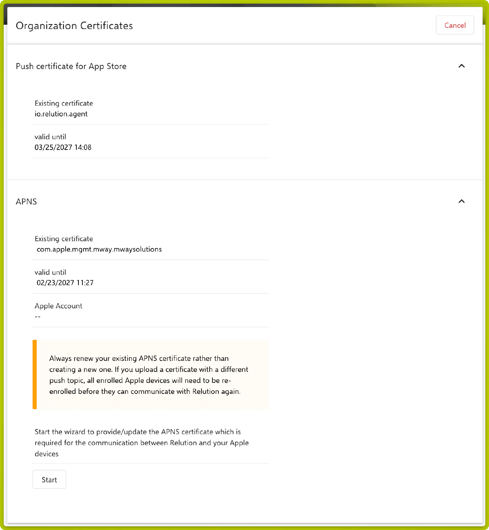 Organization Certificates page showing APNS push topic, expiration date and Start button