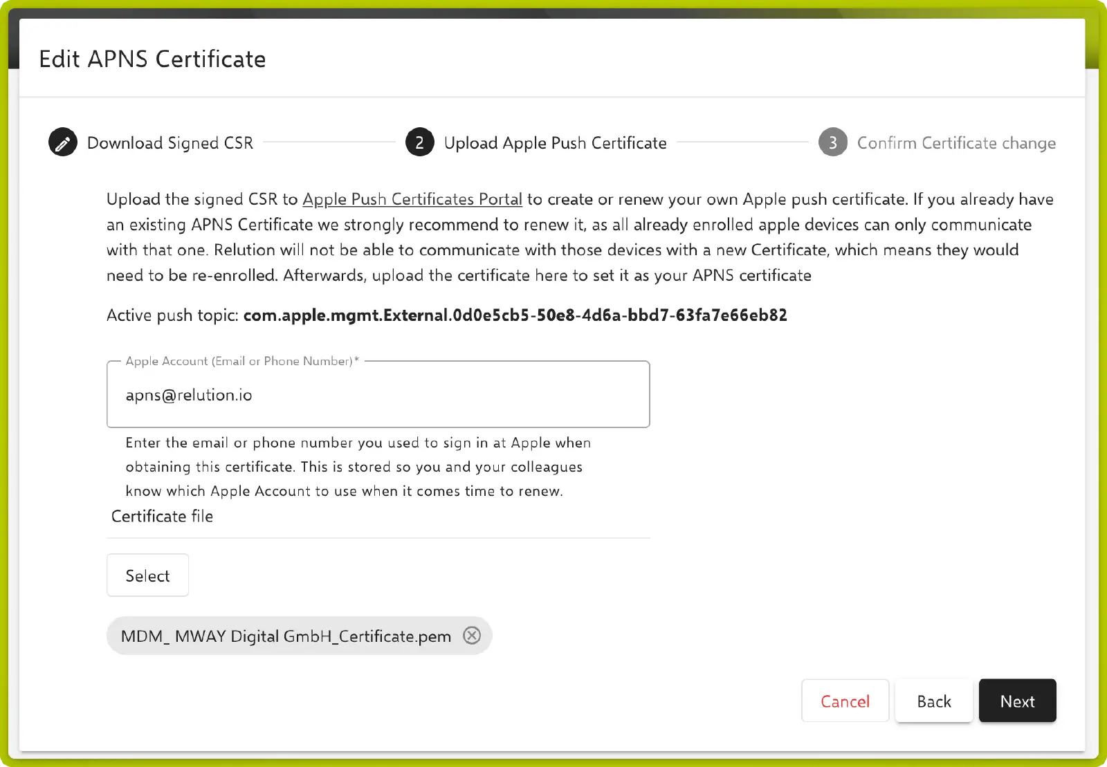 APNS wizard Step 2 — Upload certificate with active push topic displayed