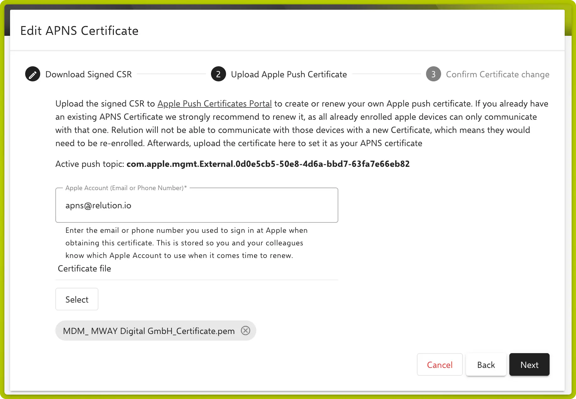 APNS wizard Step 2 — Upload certificate with active push topic displayed