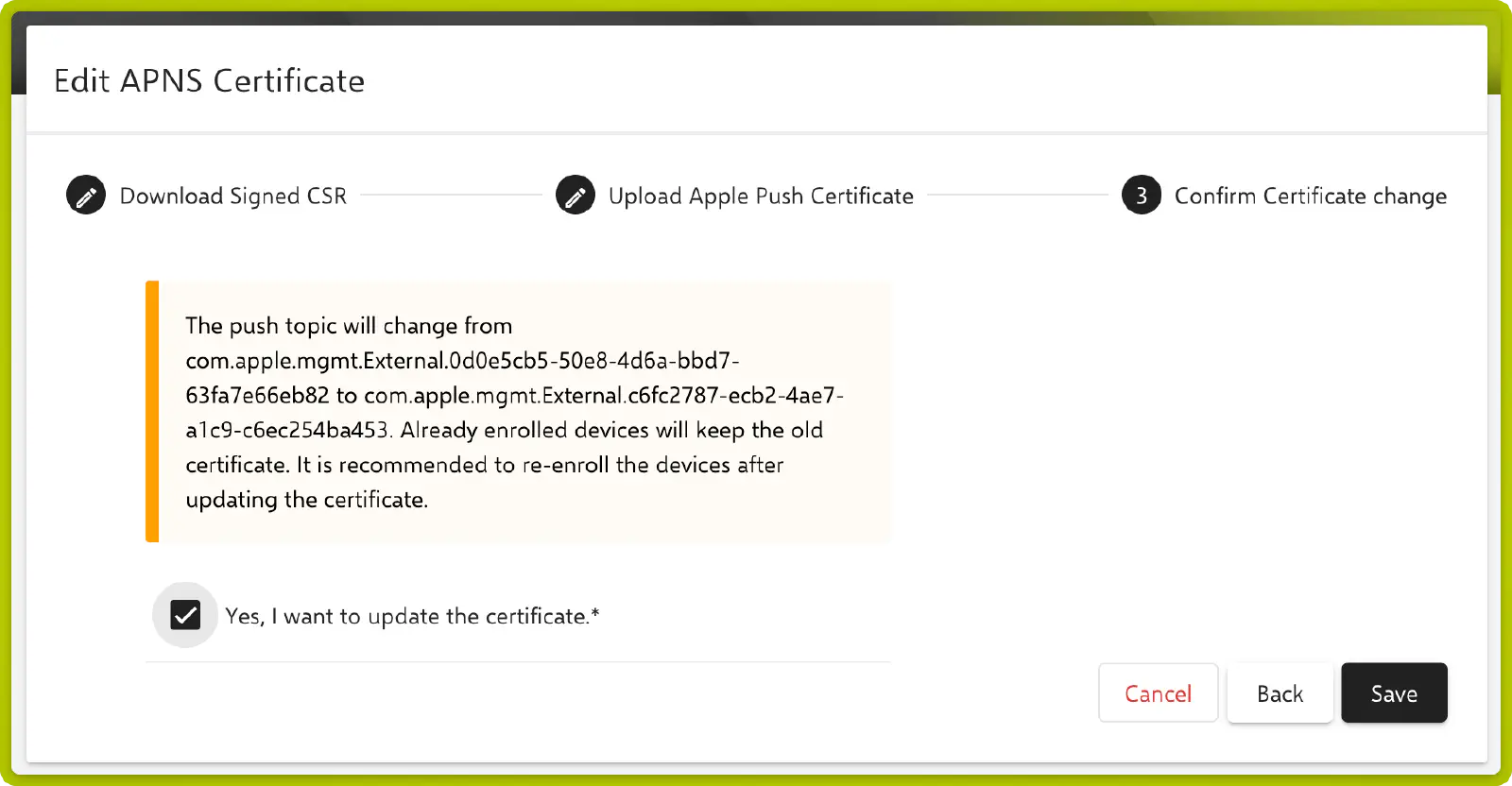 APNS wizard Step 2 — Upload certificate with active push topic displayed