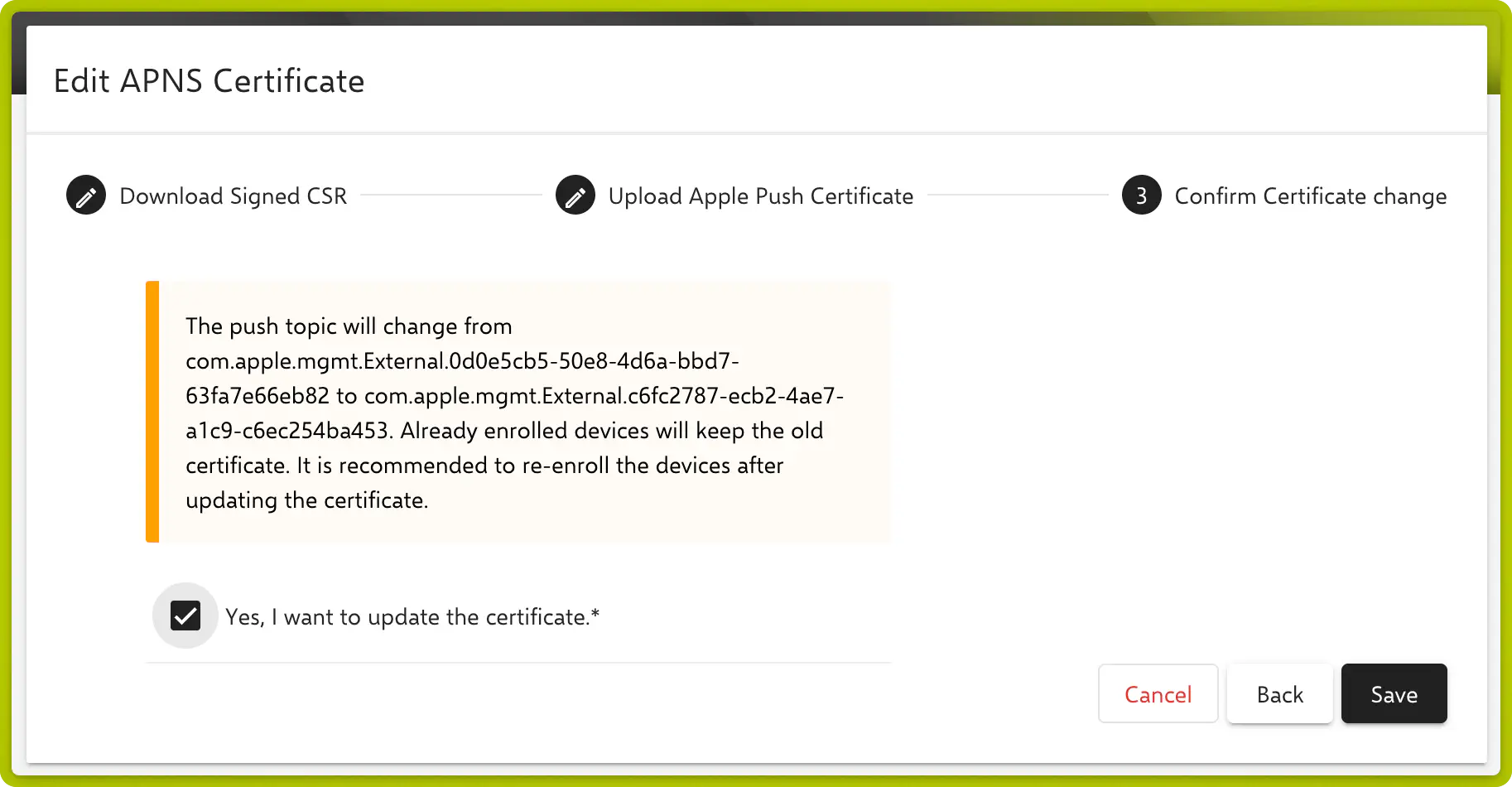 APNS wizard Step 2 — Upload certificate with active push topic displayed