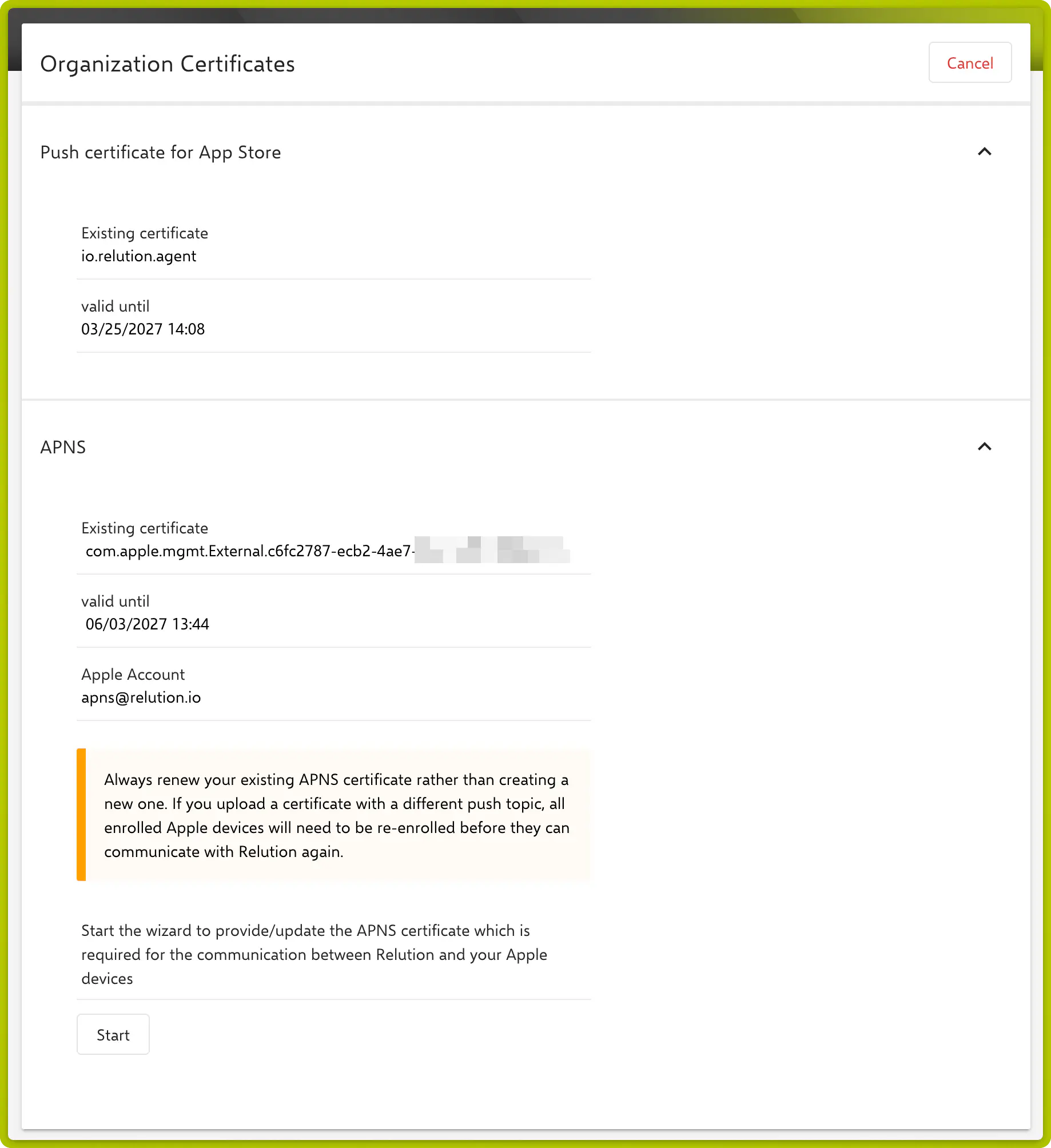 APNS wizard Step 2 — Upload certificate with active push topic displayed