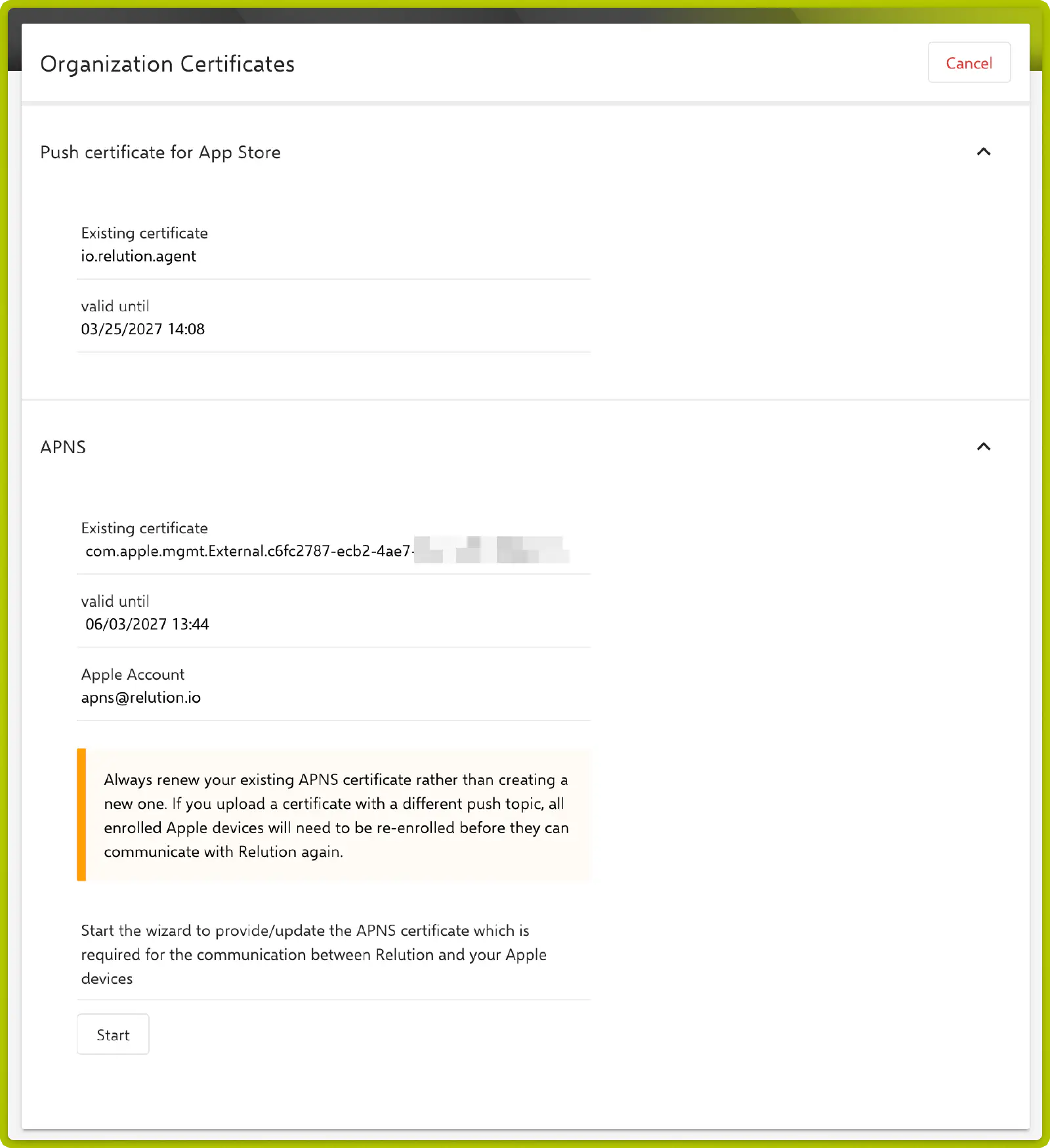 APNS wizard Step 2 — Upload certificate with active push topic displayed