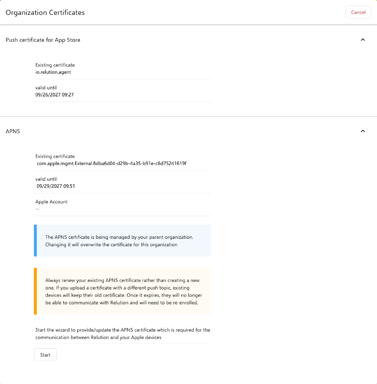 Organization Certificates page showing APNS push topic, expiration date and Start button