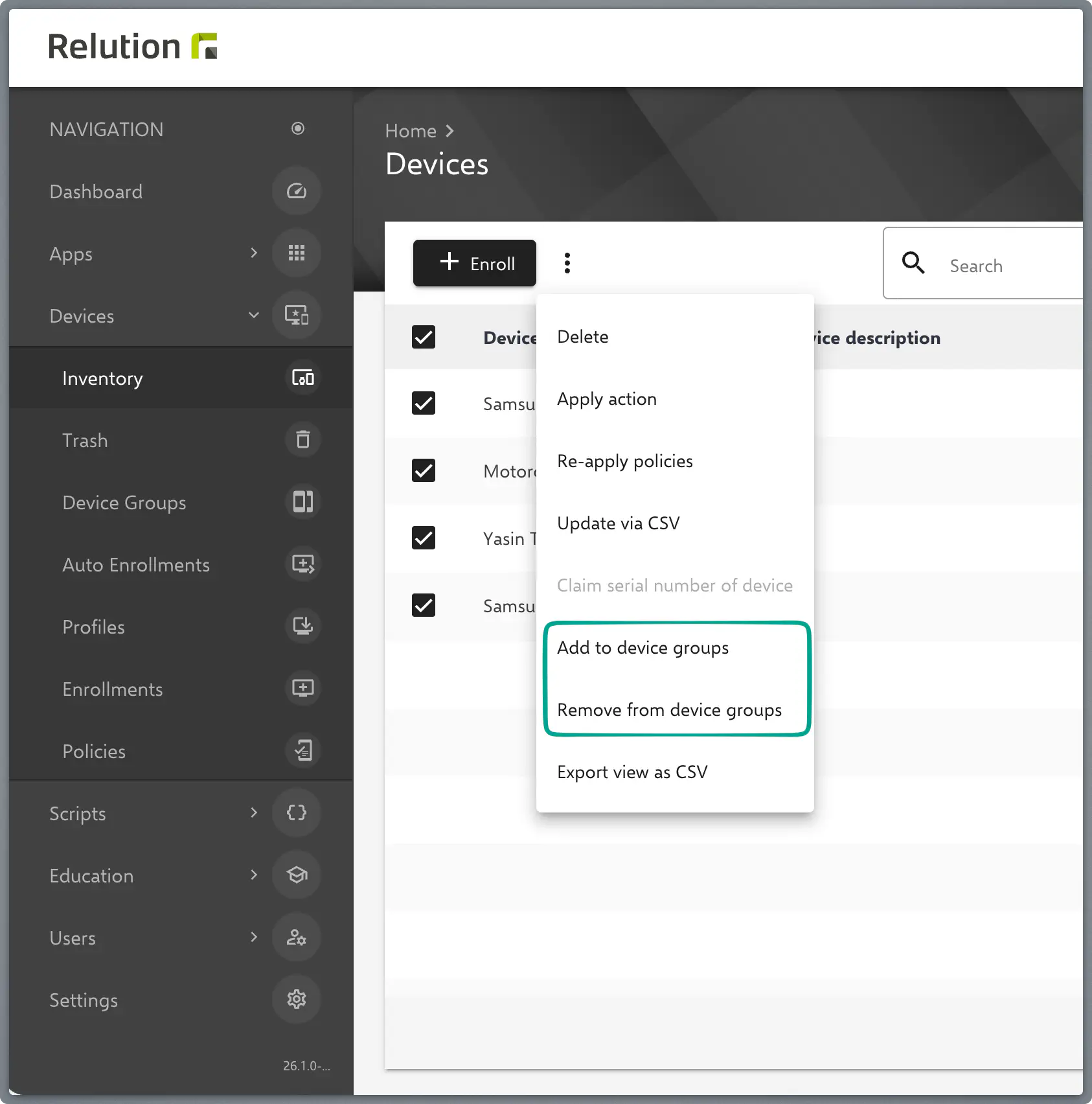 Relution inventory showing bulk add/remove devices to static device group option