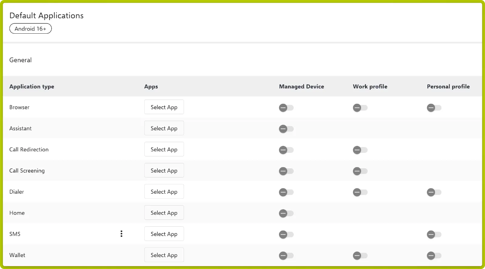 Table for configuring the default app for each function