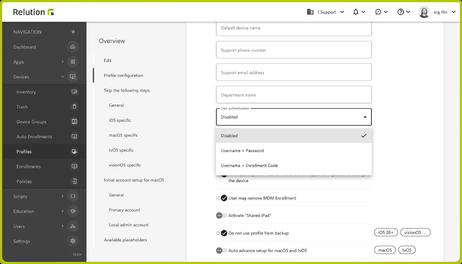 Selecting the user authentication mode in the DEP profile, including the new “Username + Enrollment Code” option