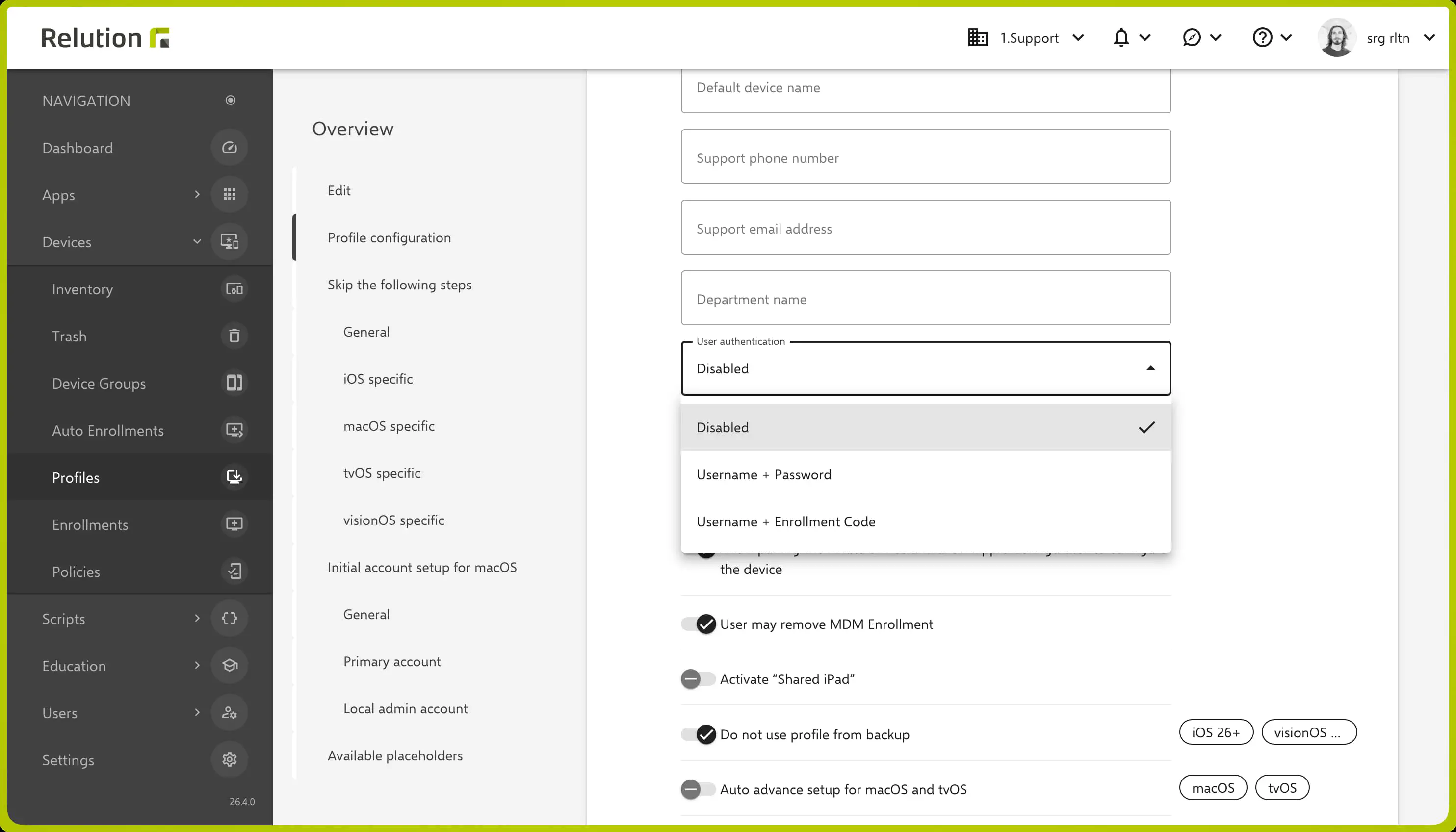 Selecting the user authentication mode in the DEP profile, including the new “Username + Enrollment Code” option