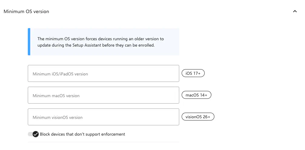 Minimum OS version in the DEP profile, with fields for iOS/iPadOS, macOS and visionOS, and the option to block unsupported devices
