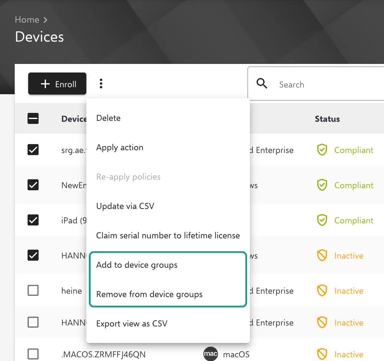 Relution inventory showing bulk add/remove devices to static device group option
