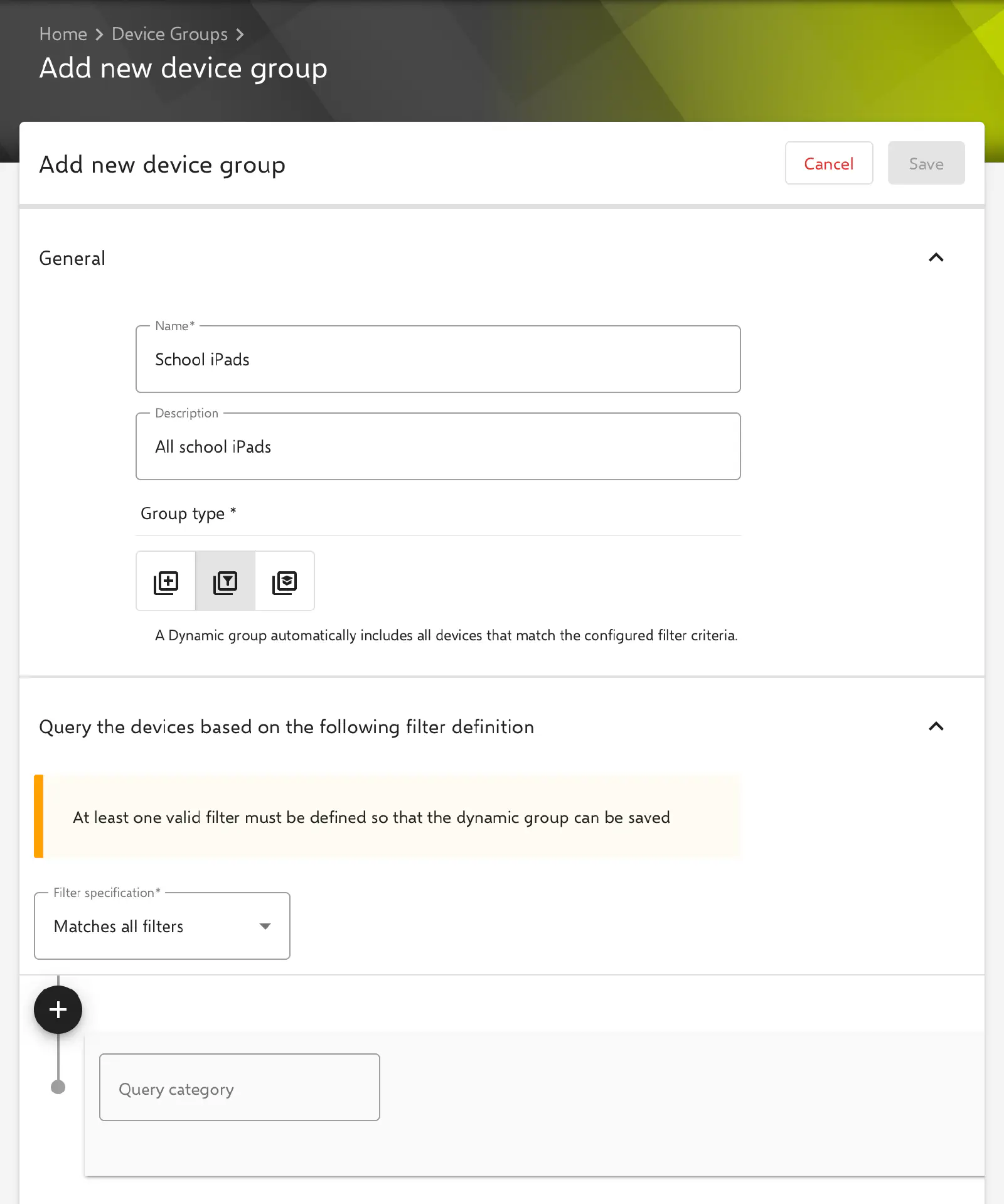 Dynamic device group filter criteria configuration in Relution