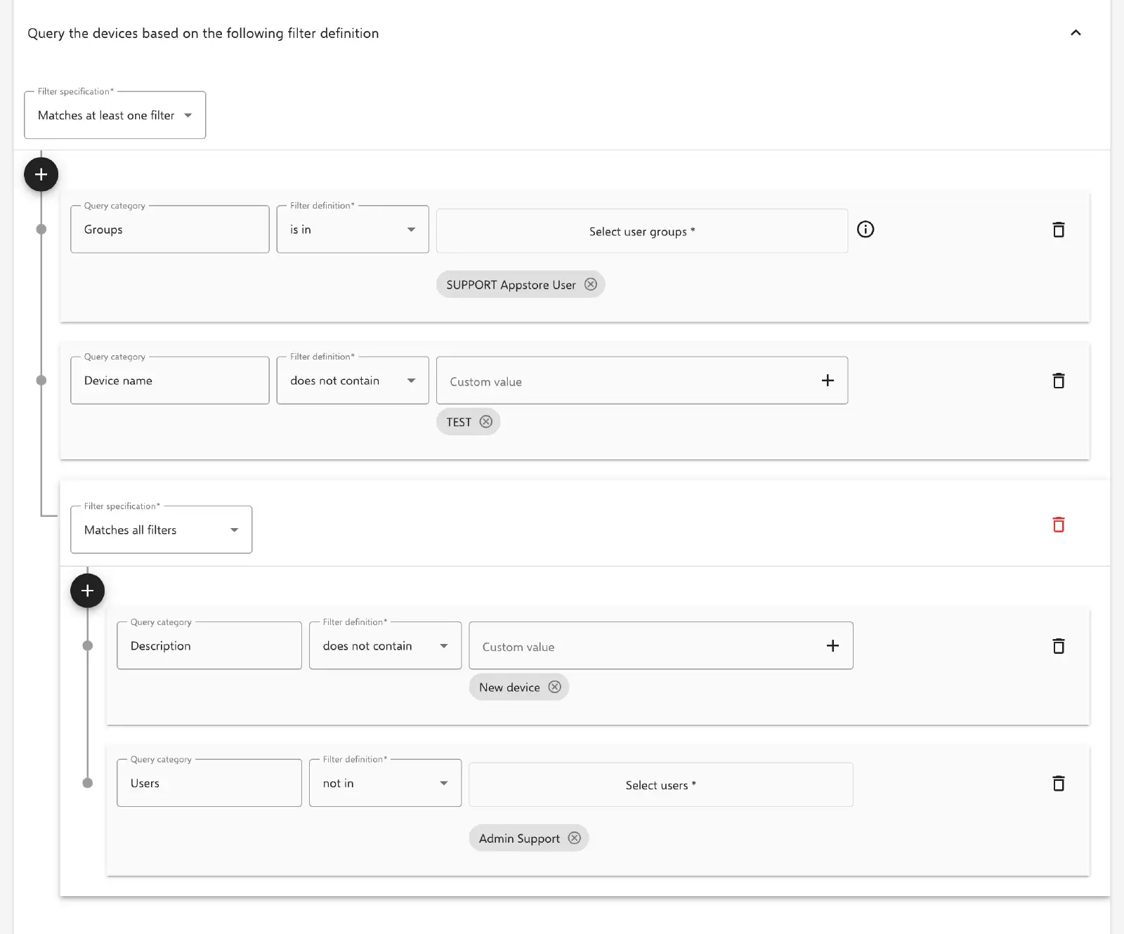 Example of a complex filter for a dynamic device group in Relution