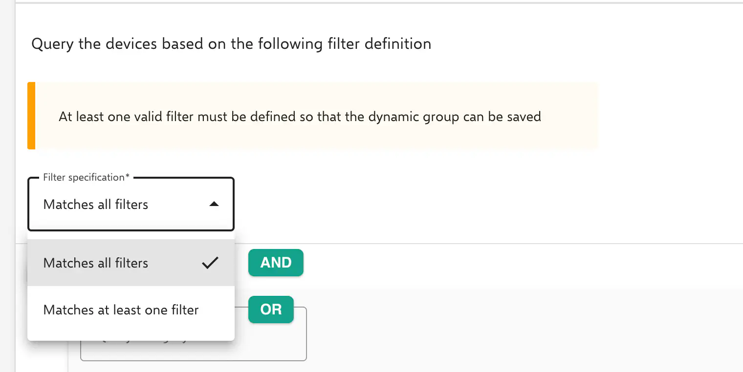 Filter specification options for a dynamic device group in Relution