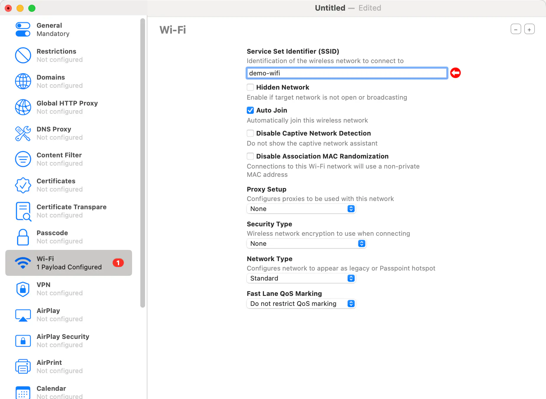 Apple Configurator 2 creating a new Wi-Fi profile for DEP device preparation