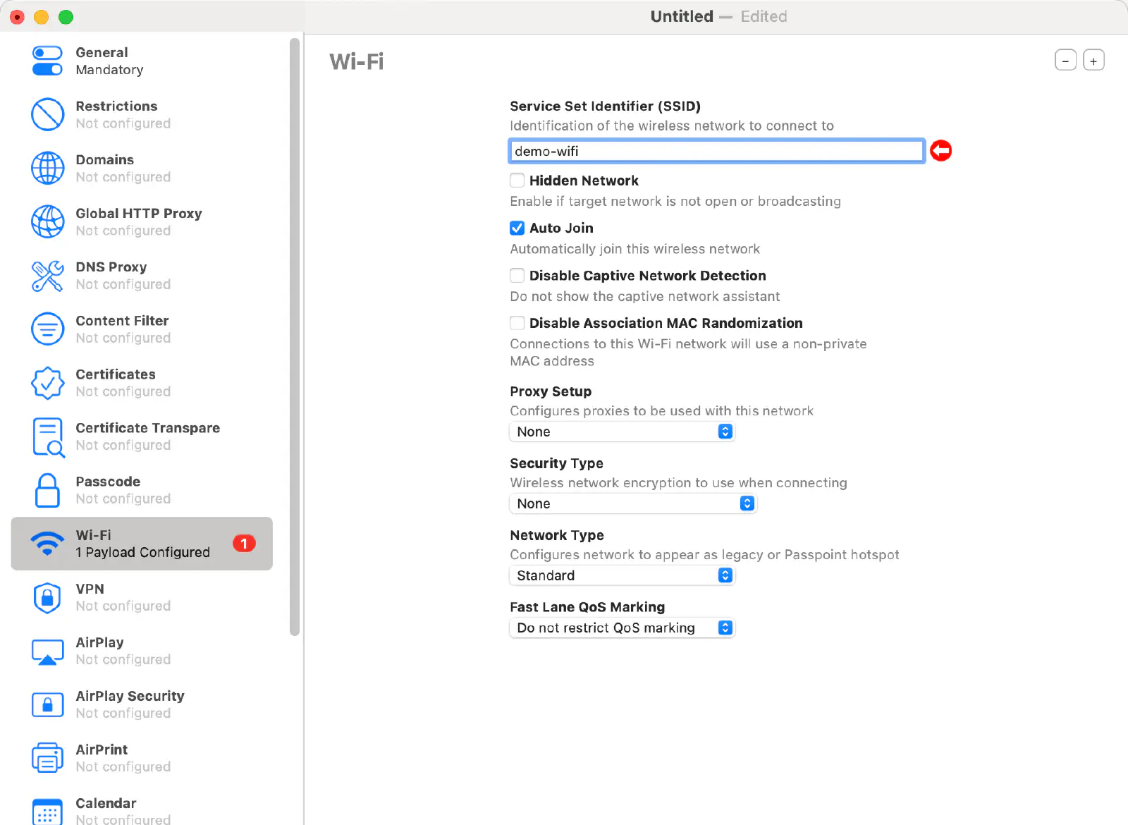 Apple Configurator 2 creating a new Wi-Fi profile for DEP device preparation