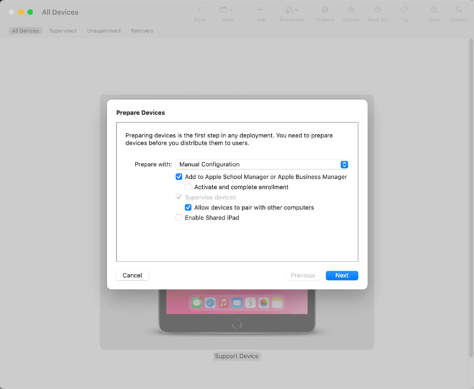 Apple Configurator 2 preparation options selecting Add to Apple School/Business Manager