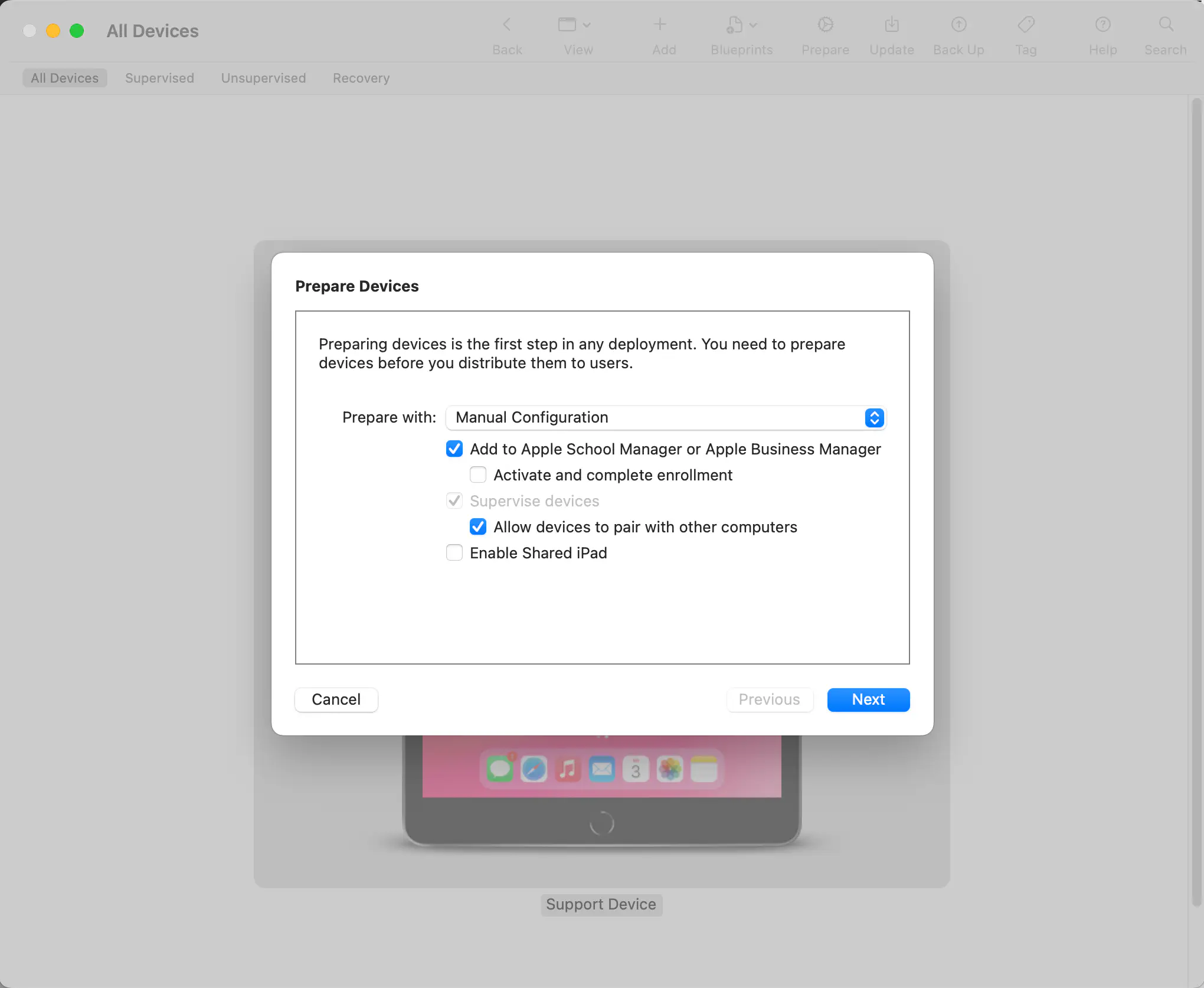 Apple Configurator 2 preparation options selecting Add to Apple School/Business Manager