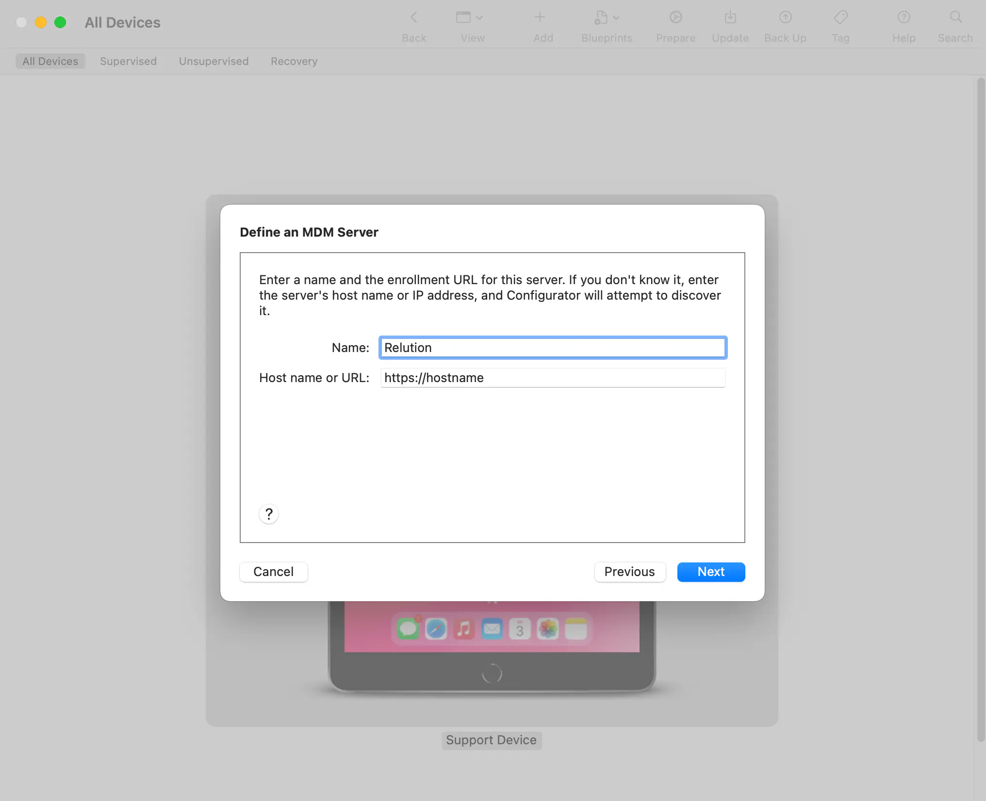 Apple Configurator 2 MDM server URL configuration with Relution server address