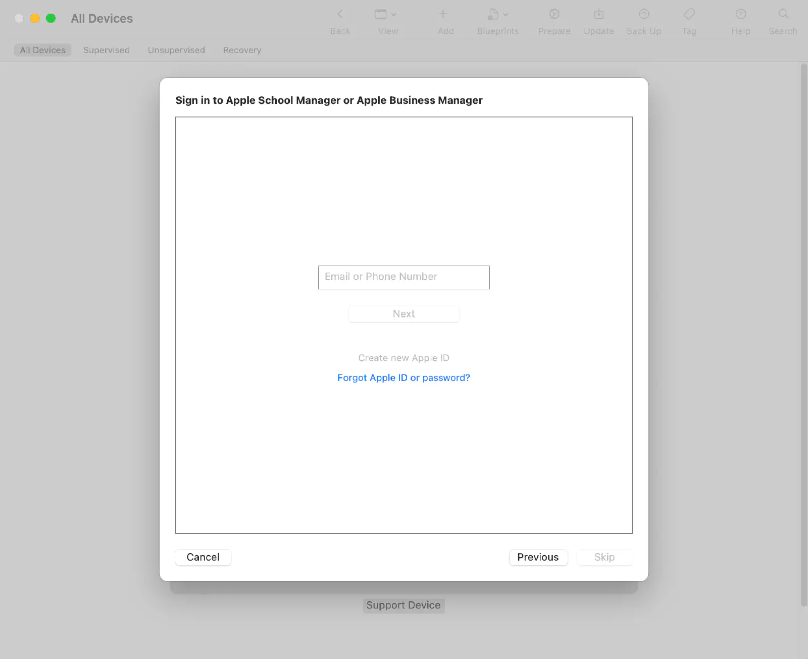 Apple Configurator 2 Apple ID login screen for Apple School/Business Manager account