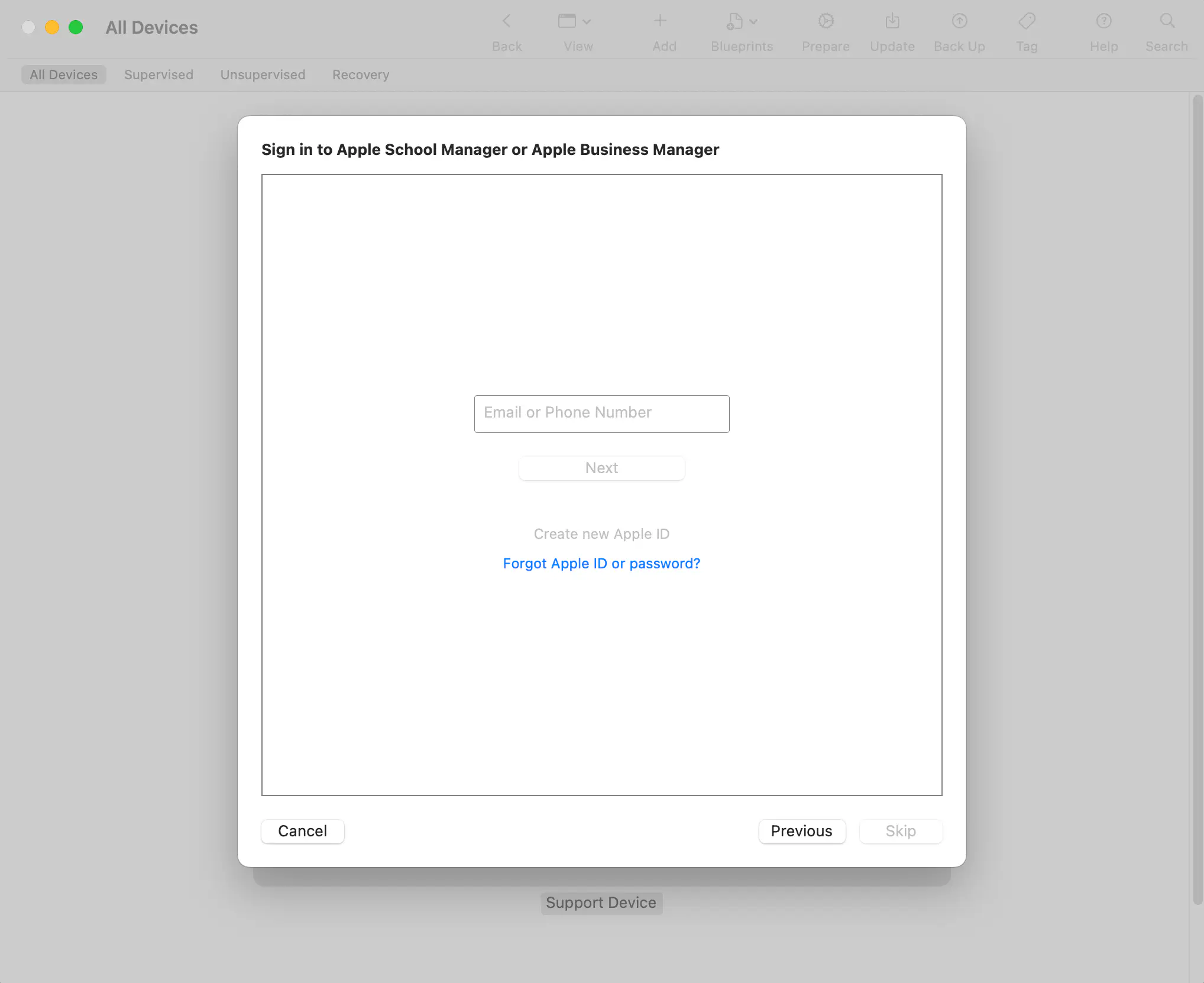 Apple Configurator 2 Apple ID login screen for Apple School/Business Manager account