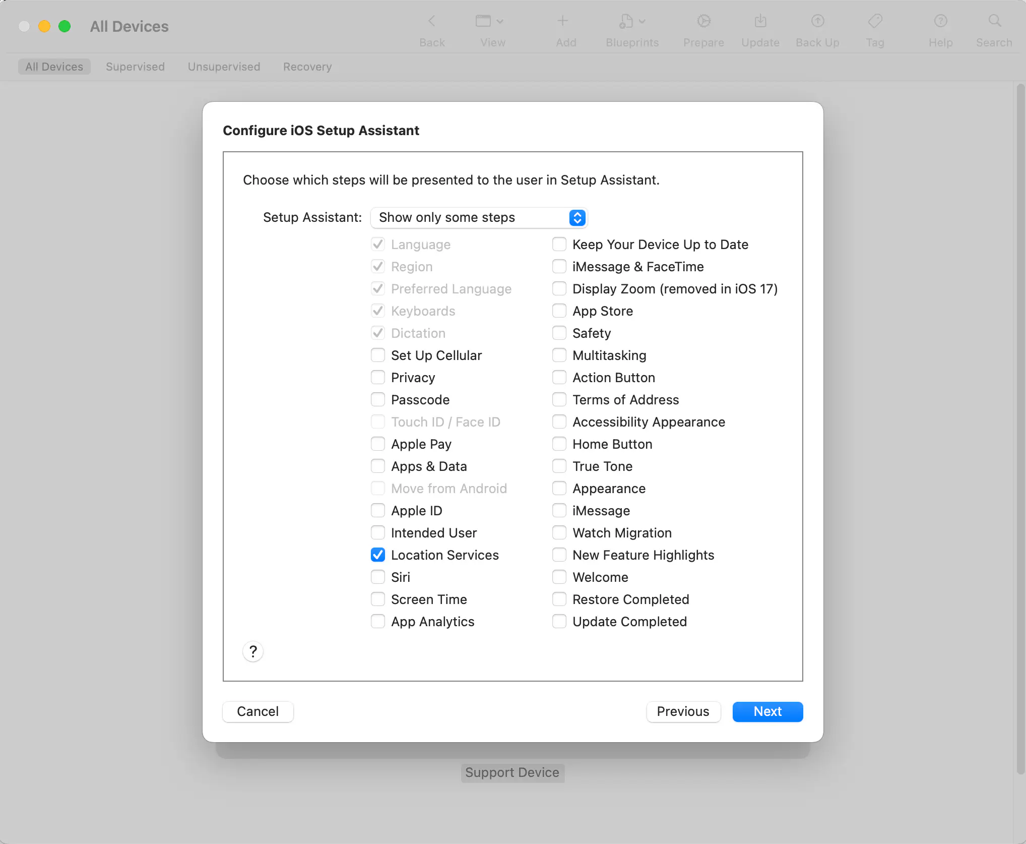Apple Configurator 2 setup steps selection with Location Services option for time zone