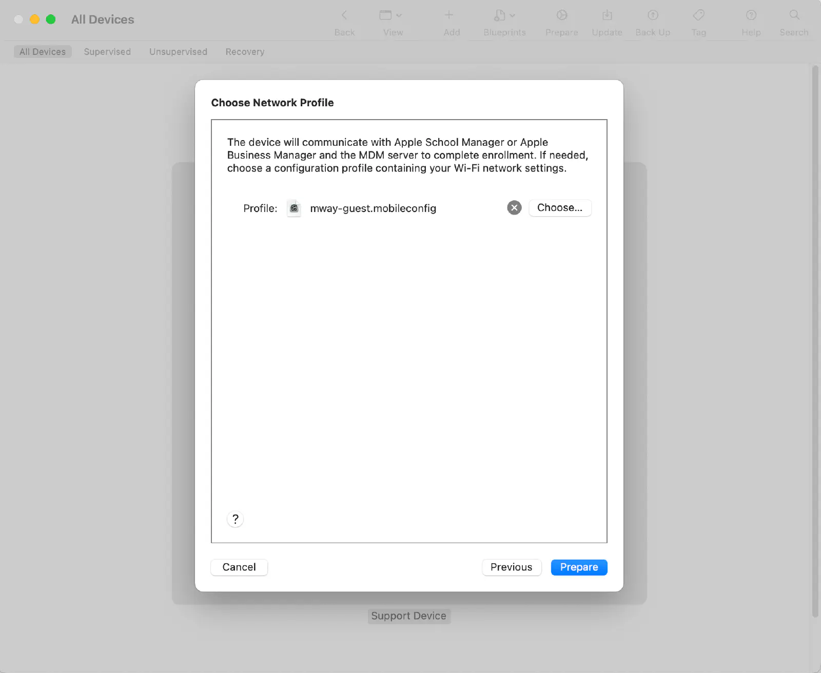 Apple Configurator 2 Wi-Fi profile selection to assign network for device internet access